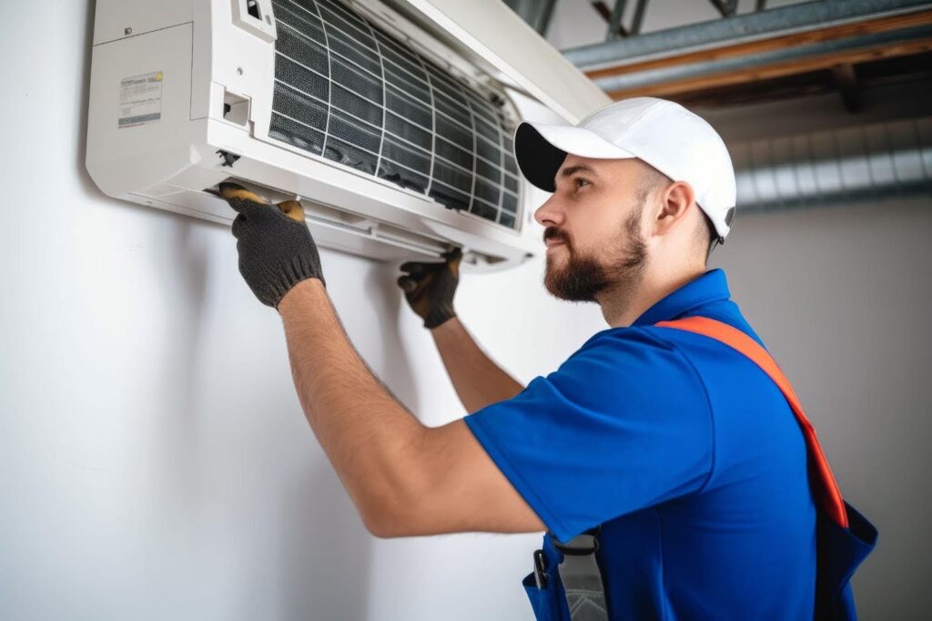 Signs Your Air Conditioner is Leaking Signs Your Air Conditioner Is Leaking Signs Your Air Conditioner Is Leaking,AC unit,Air Conditioner a man wearing a blue shirt and hat repairs an air conditioner focused on his task 1 AC tune-up