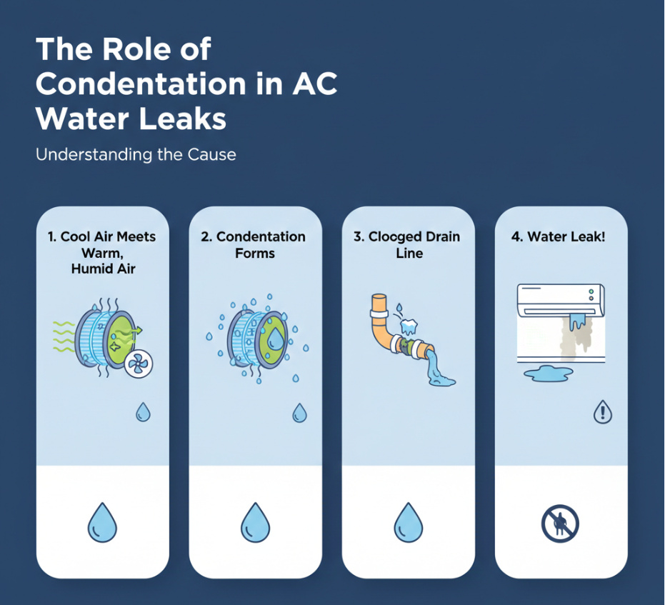 Maintenance Tips for AC Water Issues AC Water Issues AC Water Issues,AC unit,Condensation in AC,Air Filters the role of condensatio in ac water leaks The Role of Condensation in AC Water Leaks