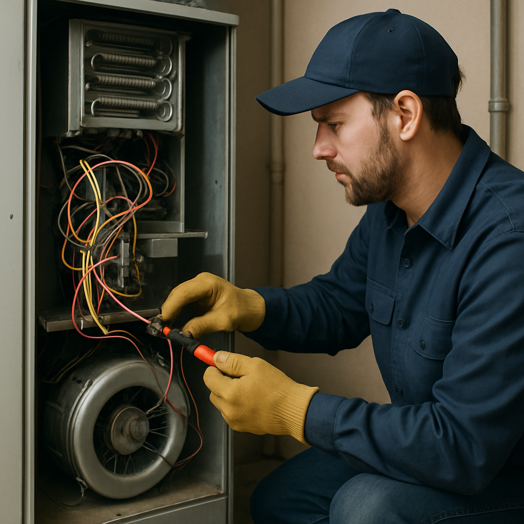Troubleshooting Common Electric Furnace Issues in Los Angeles Electric Furnace Issues Electric Furnace Issues,Electric Furnace technician repairing an electric furnace Troubleshooting Common Electric Furnace Issues by a technician repairing an electric furnace