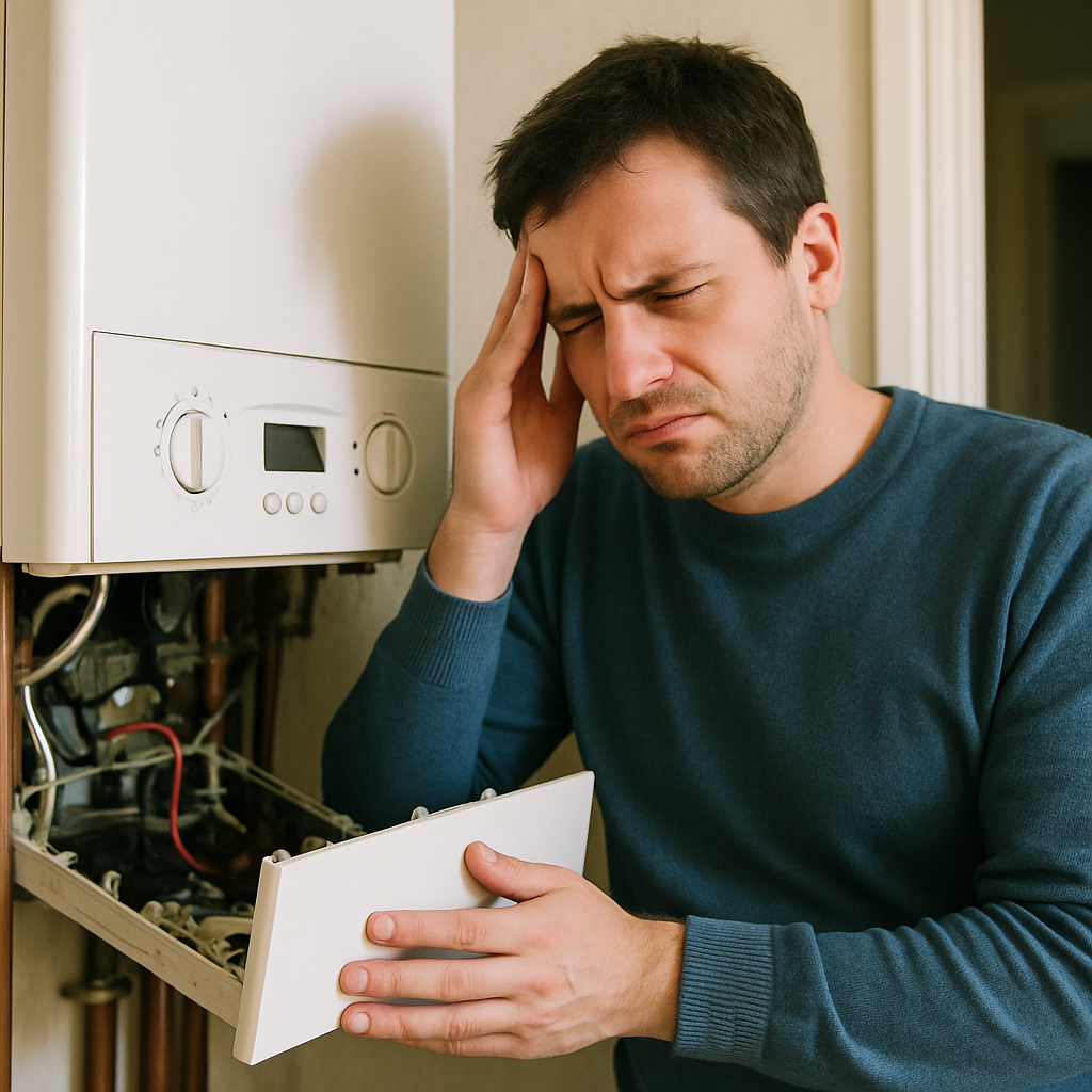 Lets Troubleshoot Your Home Heating Issues and Fix Your Furnace The Easy Way Home Heating Issues Home Heating Issues,Thermostat,Filter frustrated homeowner checking heater Home Heating Issues