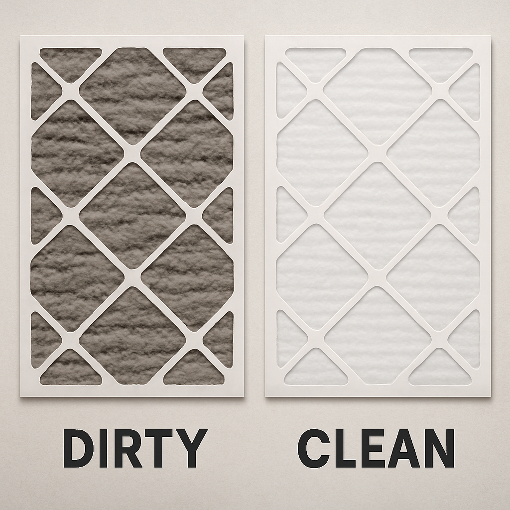 Do Window AC Units Bring Fresh Air Inside Window AC Window AC,Portable AC dirty and clean filters A side-by-side comparison photo of two AC filters. One is visibly clogged with gray dust and lint ('Dirty'), and the other is clean and white ('Clean')