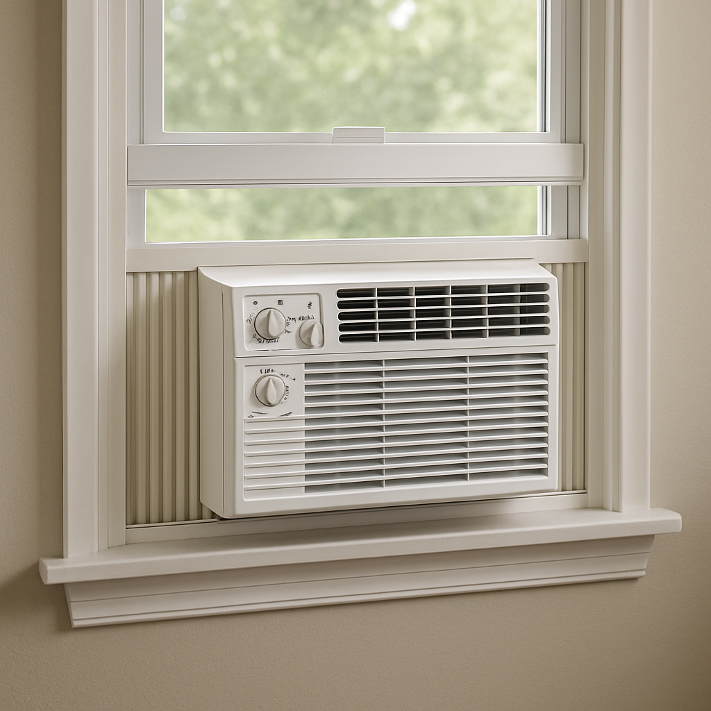 Do Window AC Units Bring Fresh Air Inside Window AC Window AC,Portable AC window ac A clear photo showing a window AC unit installed in a double-hung window.