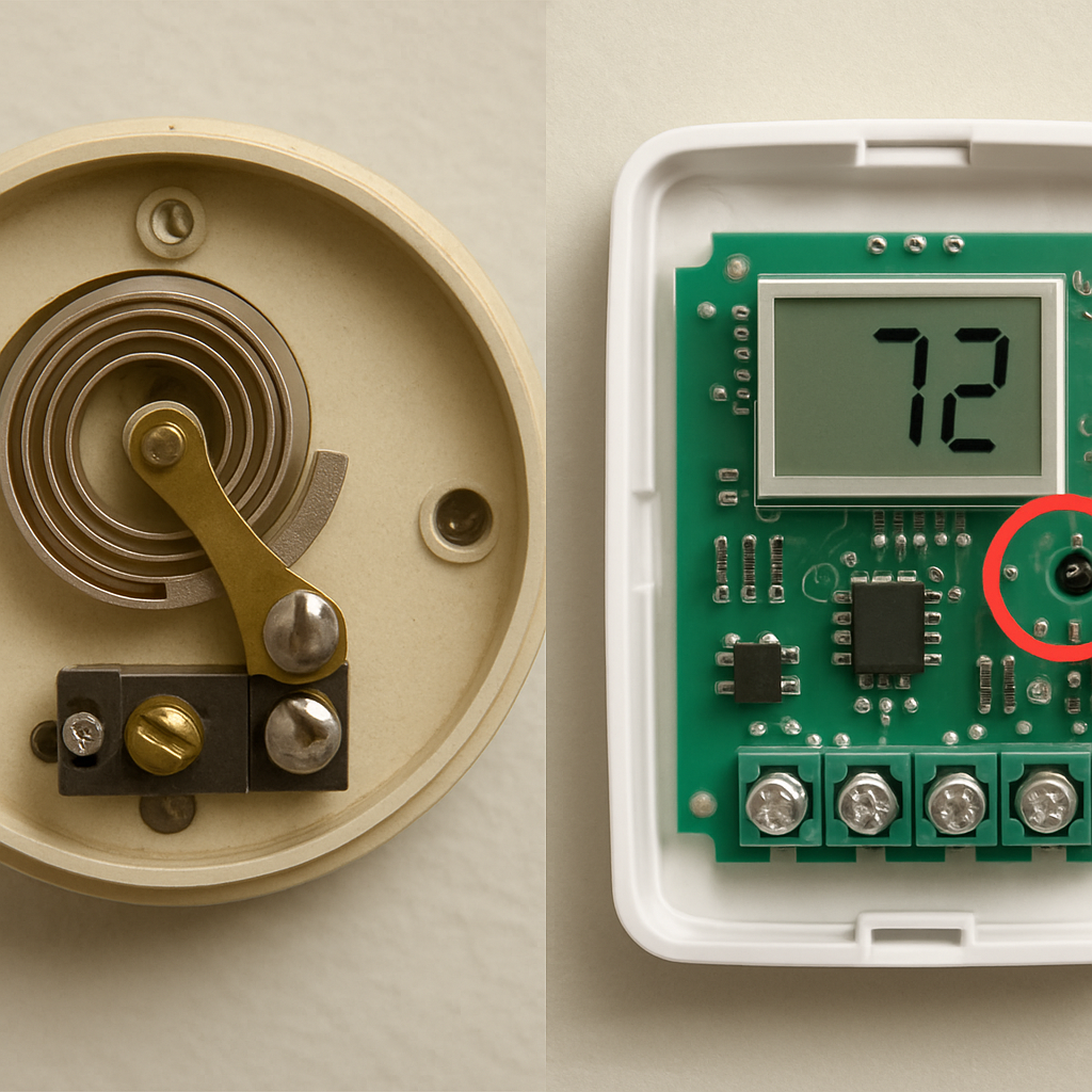 Unlocking Thermostat Secrets How They Truly Work Unlocking Thermostat Secrets Unlocking Thermostat Secrets,Thermostat old and new thermostats without covers A simple, clear side-by-side photo: on the left, the cover is off an old round thermostat showing the coiled bimetallic strip; on the right, the cover is off a modern digital thermostat showing a clean circuit board with a tiny bead-like thermistor circled