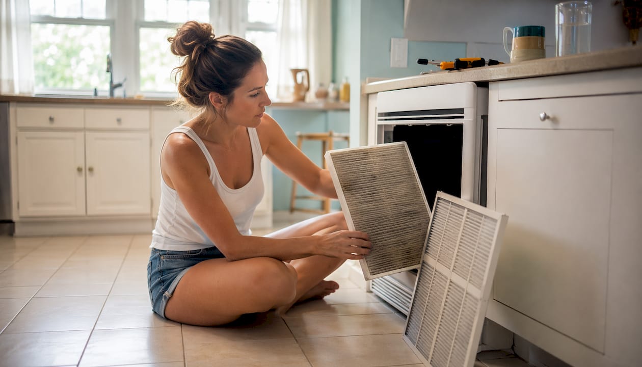 AC Unit Frozen? Diagnose, Thaw, and Fix It Fast ac unit frozen diagnose fix ac unit frozen diagnose fix 1784975238418 Woman replacing dirty air filter in living room Woman replacing dirty air filter in living room