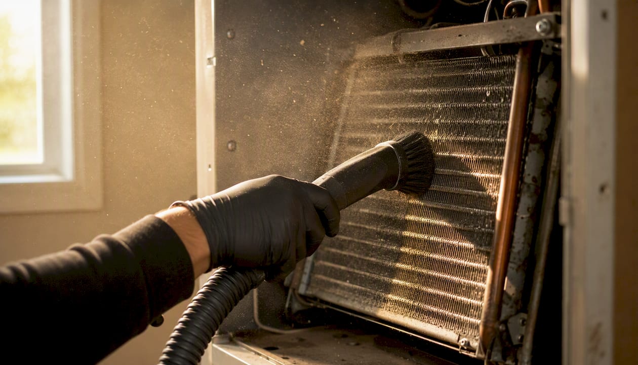 How to Clean Your AC Evaporator Coil Safely clean evaporator coil air conditioner clean evaporator coil air conditioner 1785921736985 Vacuuming dust from AC coil fins Vacuuming dust from AC coil fins