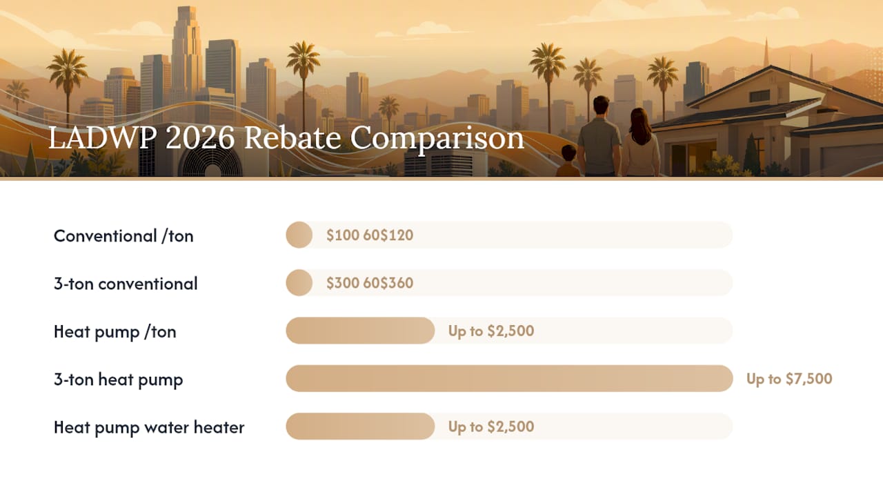 Get Up to $7,500 From LADWP 2026 HVAC Rebates, Skip Rejection in LA ladwp hvac rebates ladwp hvac rebates 1788519781743 Comparison of LADWP HVAC rebate amounts Comparison of LADWP HVAC rebate amounts