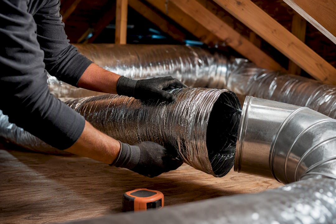 Ductwork sections arranged in a residential attic